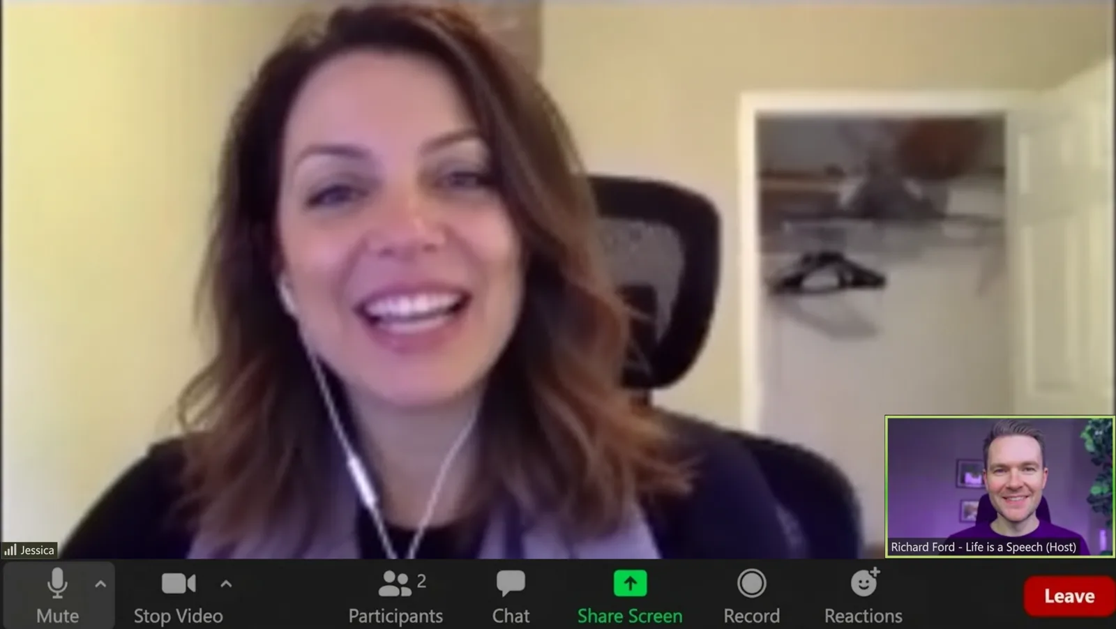 Jessica smiling on a Zoom call with Richard in the corner of the screen
