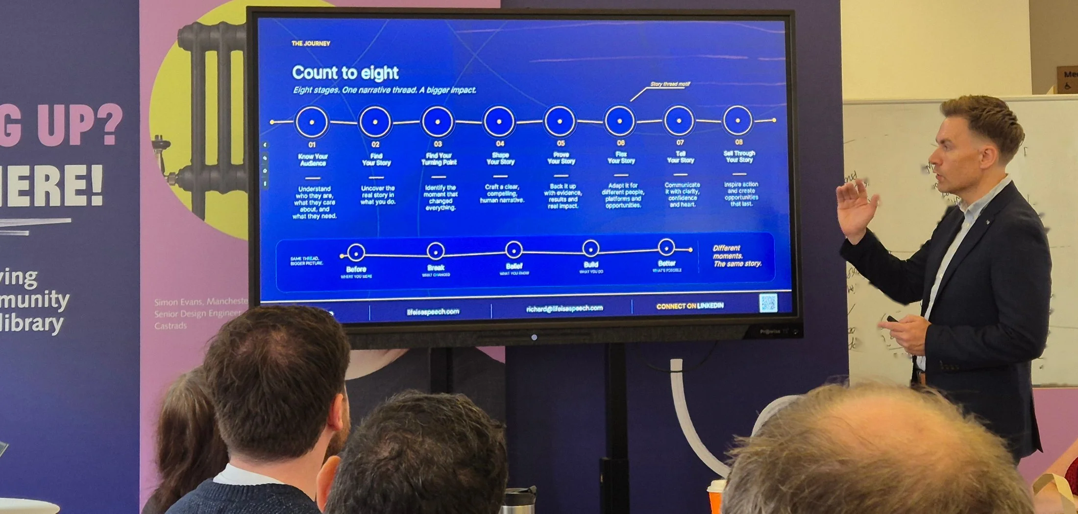 Richard explaining a process slide on a screen to a room