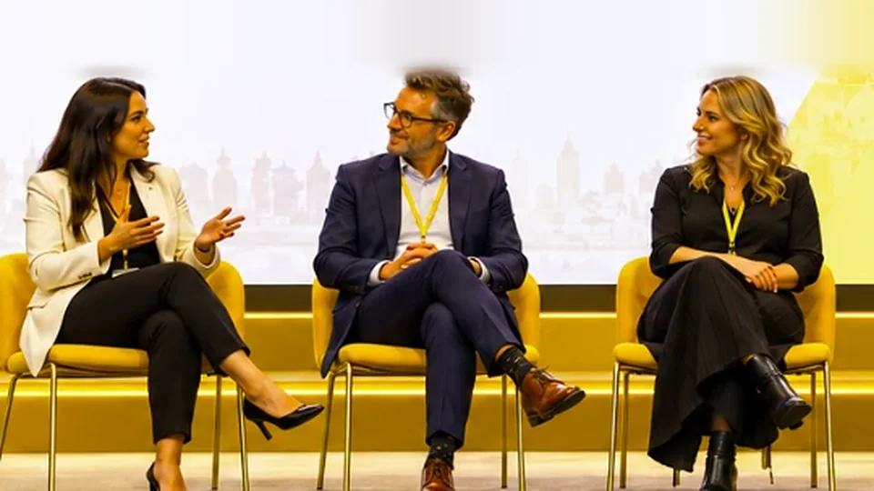Three speakers seated on a stage in conversation at a summit