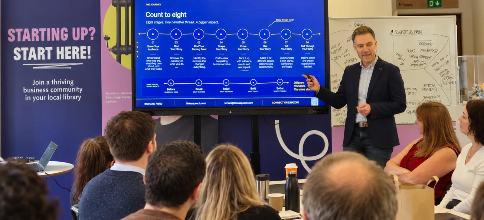 Richard presenting his Count to Eight storytelling framework on a screen to a seated audience