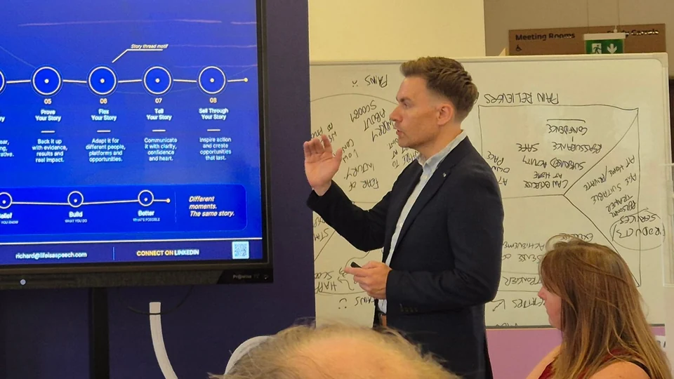 Richard presenting his Count to Eight storytelling framework on a screen to a seated audience
