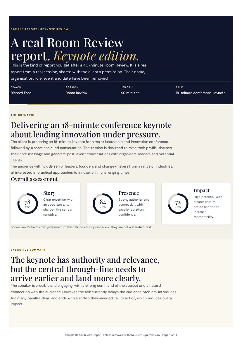 First page of the sample report, with the scenario and Story, Presence and Impact scores