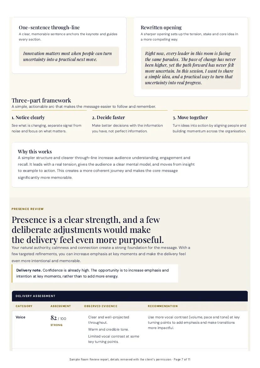 Story review page of the sample report, with a recommended structure and a rewritten opening