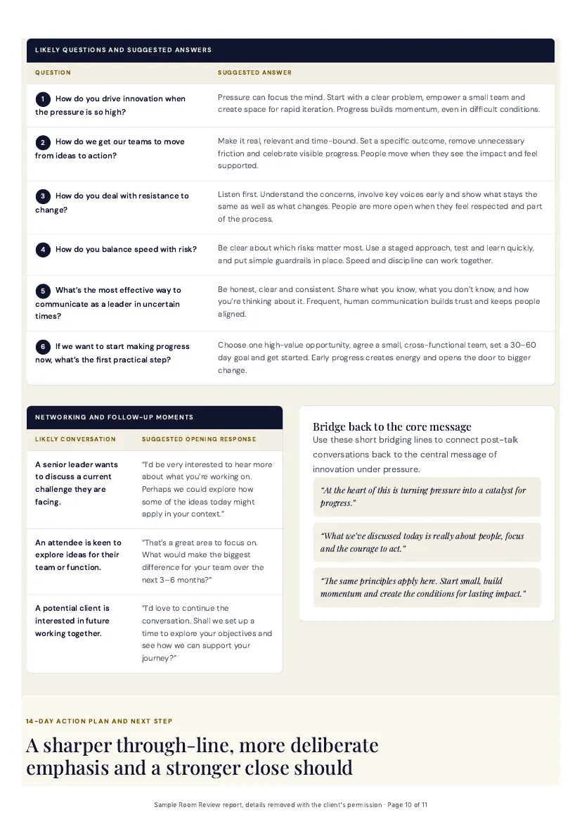 Questions and suggested answers page of the sample report