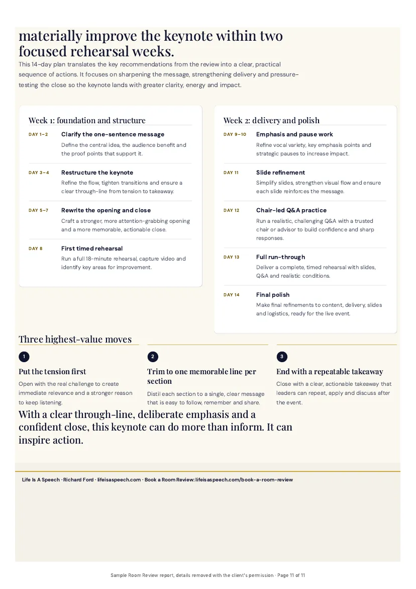 Rehearsal plan page of the sample report, with two weeks of specific practice